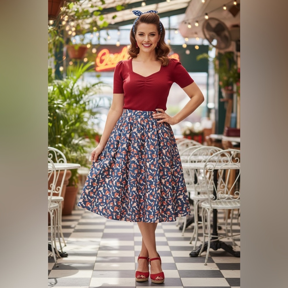 Shroomy and Bloomy Swing Skirt By Retrolicious, Navy/Red, Small, NWT